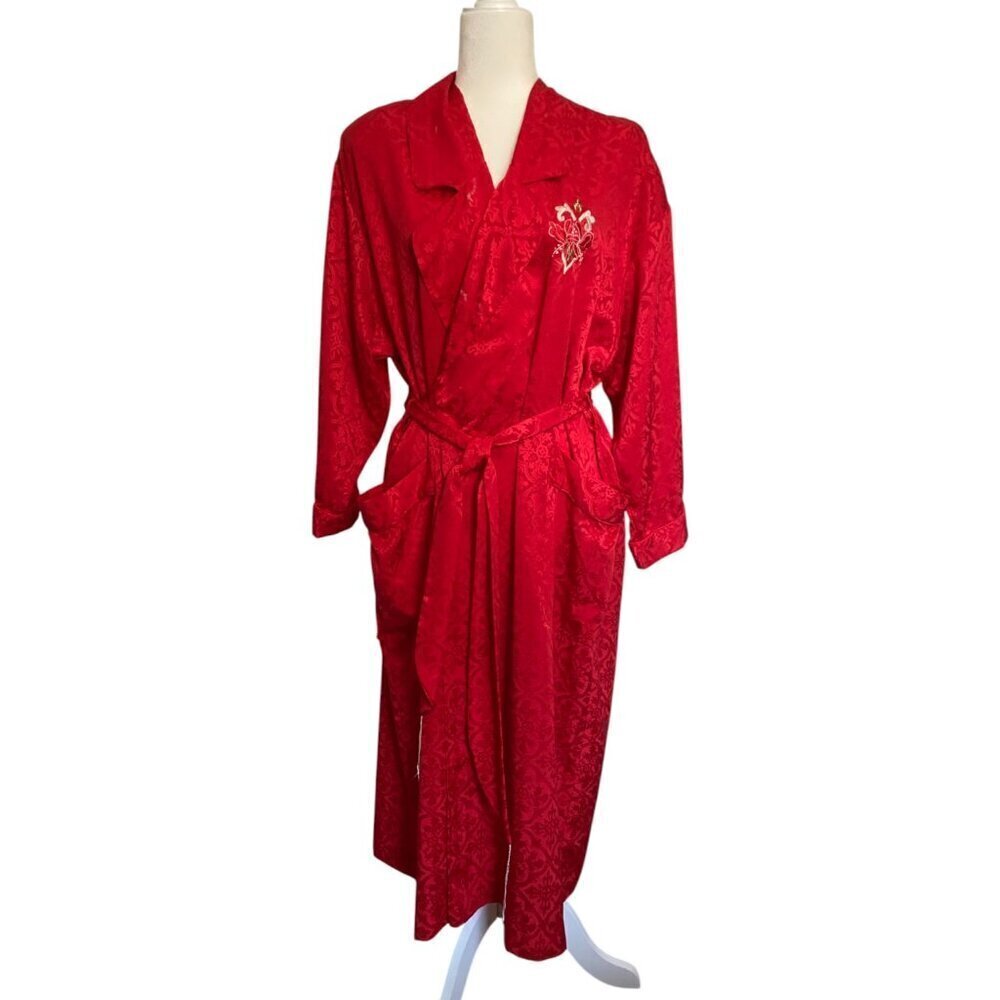 Vintage Natori II Long Red Satin Robe with Floral Embroidery